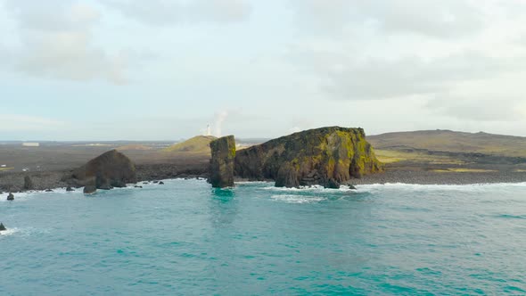 Pinnacles In The Beach On Reykjanaviti Peninsula In Grindavik, Reykjanes, Iceland. Aerial Shot