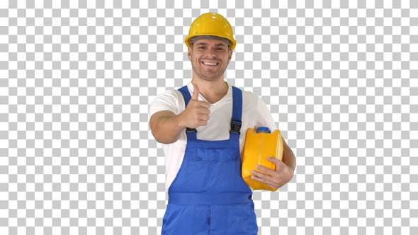 Happy Worker in Hardhat Holding His Thumbs, Alpha Channel