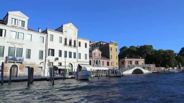 Water Taxi Sailing on Canal, Tour in Venice, View on White Bridge and Houses