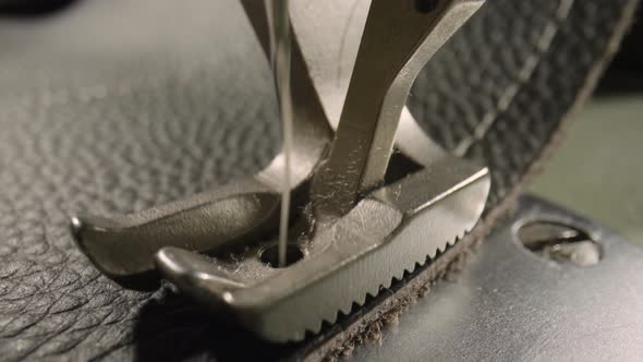 Macro Shot of Sewing Machine Needle with Thread and Presser Foot Tailoring Leather Piece During