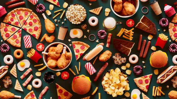 Seamless loop animation of fast food.A table is full of food, sweets and drinks