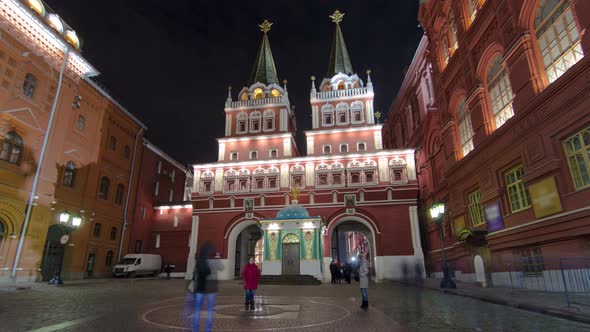 Tourists Walk on Red Square Near the Branch of the Historical Museum and the Zero Kilometer in