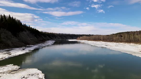 Flying Over the North Saskatchewan River In Devon Alberta