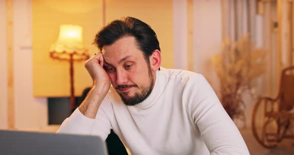 Sad Tradesman Receiving Email Message with Bad News Obout Transaction Serious Puzzled Businessman