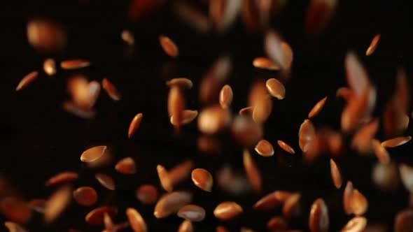 Close-up View of Flax Seed Flaking on a Smooth Surface on a Black Background in Slightly Slow Motion