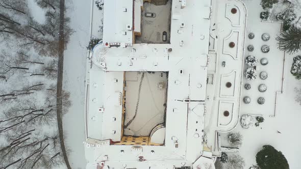 Top View of Chateau Konopiste in the Winter Time Castle and the Pond Are Covered with Snow CR