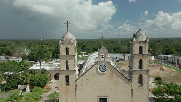 Cityscape with old church on sunny day