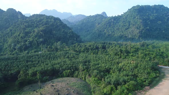 Natural landscapes around the city of Vang Vieng in Laos seen from the sky