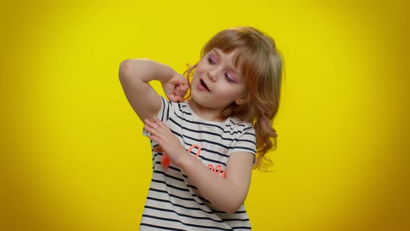 Little Strong Kid Child Girl Showing Biceps and Feeling Power Strength Energy to Gain Success Win