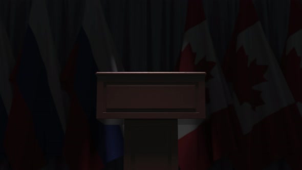 Row of Flags of Canada and Russia and and Speaker Tribune