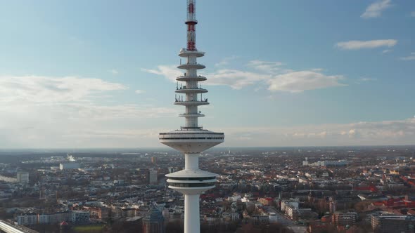 Close Up Aerial View of Heinrich Hertz TV Tower Rising Above Cityscape in Hamburg City Center