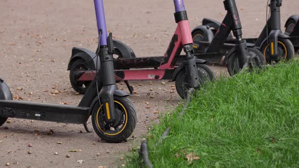 Electric Scooters Closeup in the Parking Place in the City Park