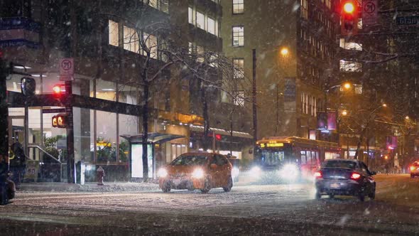 City Road In Snowstorm At Night