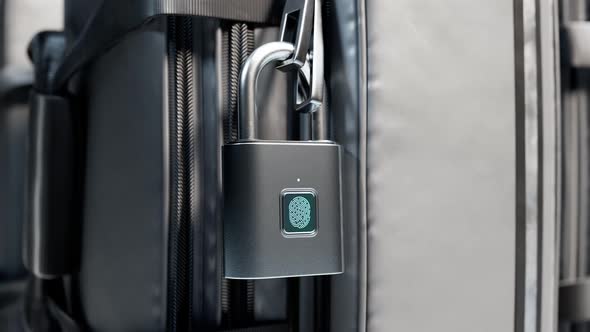 Smart luggage lock. Unlocking with a fingerprint. Padlock with biometrics sensor