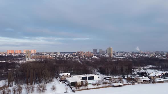 Aerial Kharkiv city from Lopan river with epic sky