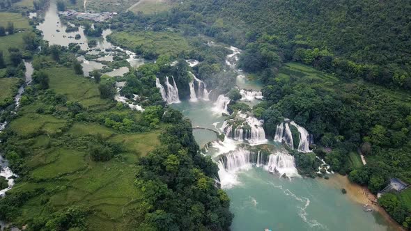 Aerial view, panorama view of beautiful waterfall