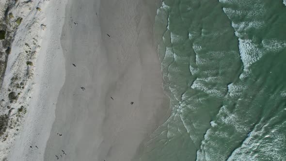 top down aerial turquoise ocean waves crash near white sand dune beach