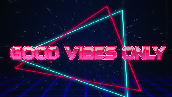 Retro Good Vibes Only text glitching over blue and red triangles on white hyperspace effect