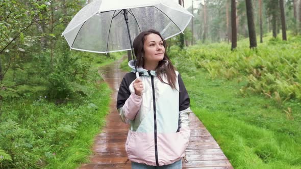 a Young Woman Walks Through the Woods in the Rain with an Umbrella. Attractive Brunette Walks in the
