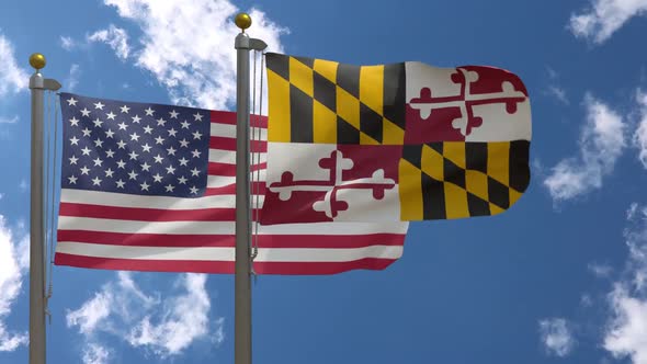 Usa Flag Vs Maryland State Flag  On Flagpole