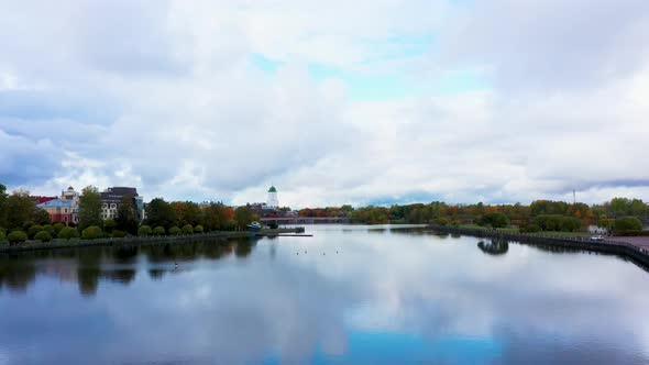 Aerial View on River and European city Viborg, Russia