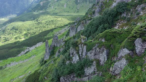 Aerial view of rocky peak of Spitz mountain in the Carpathian mountains