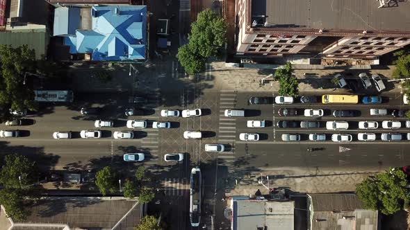 Aerial Top Down View of Freeway Busy City Rush Hour Heavy Traffic Jam Highway