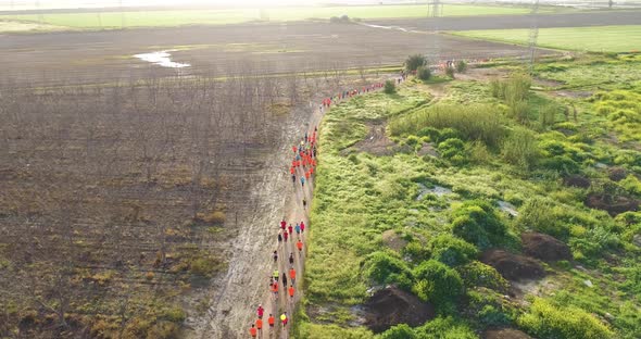 Aerial View of people running during the city marathon, Northern District.