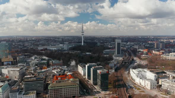 Aerial Dolly in View of Heinrich Hertz TV Tower and Hamburg Cityscape