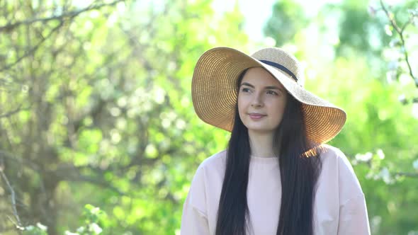 Beauty Young Woman Enjoying Apple Blooming Spring Orchard