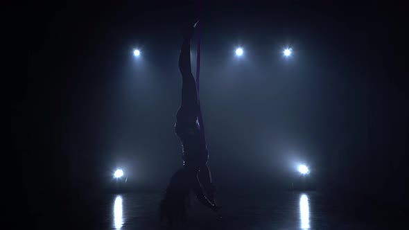 Girl Aerial Gymnast Performing on a Silk in a Circus Stage. Exciting Acrobatic Show. 074