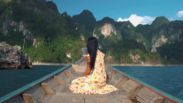 Khao Sok Thailand Woman on Vacation in Thailand Girl in Longtail Boat at the Khao Sok National Park