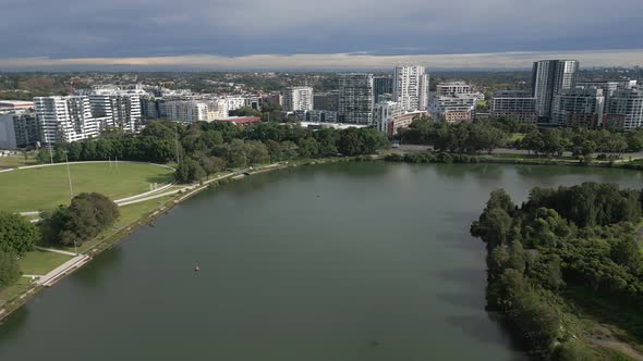 Aerial panorama flight over the Cooks River at Tempe, Wolli Creek. Zoom in to the peaceful residenti