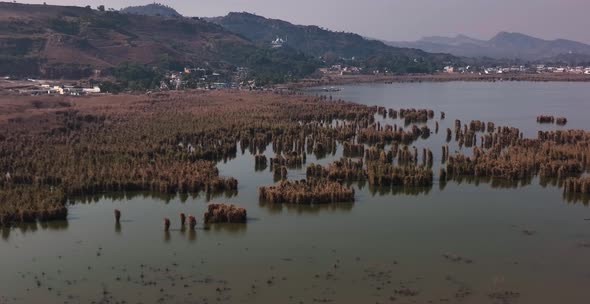 Aerial Flying Over Wetlands At Kallar Kahar Lake In Chakwal District. Slow Dolly Forward