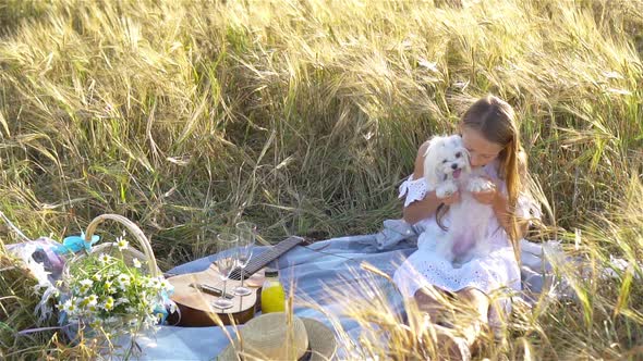 Happy Child in Wheat Field Play with Dog