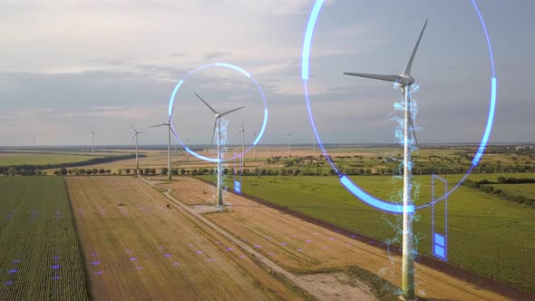 Aerial view of wind turbine generators in field producing clean ecological electricity. Digital