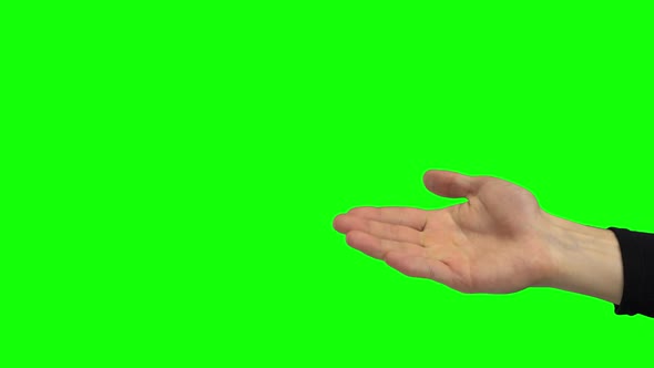 Guy Hand Calling Someone By Palm. Chroma Key. Close Up