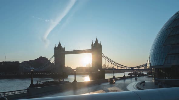 London Sunrise From River Thames, City Hall With Tower Bridge, London, England, UK