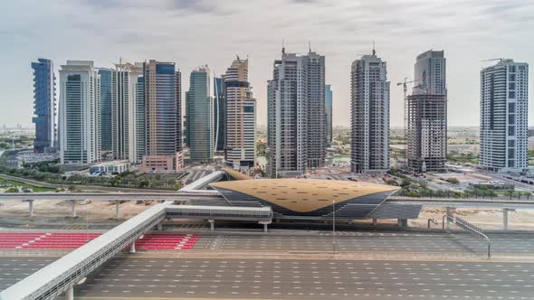 Aerial Top View to Sheikh Zayed Road From Dubai Marina with JLT Skyscrapers Timelapse During All Day