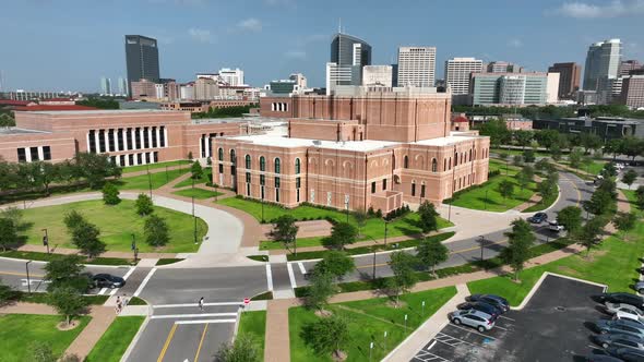 Rice University and Texas Medical Center on skyline. Aerial view in Houston Texas. Private research