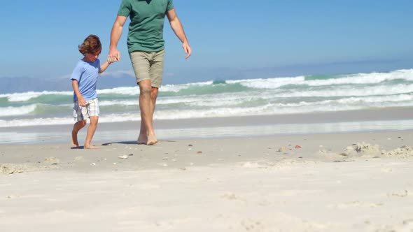 Father and son walking at beach