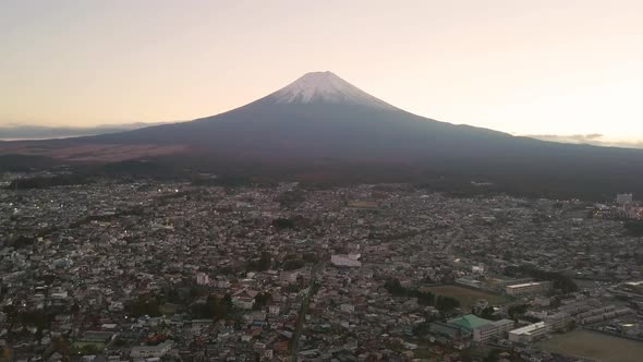 Aerial view of Fuji mountain at sunset in Fujikawaguchiko, Yamanashi. Urban city, Japan