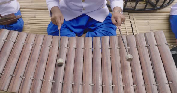 Hands Hitting The Thai Wooden Alto Xylophone Instrument