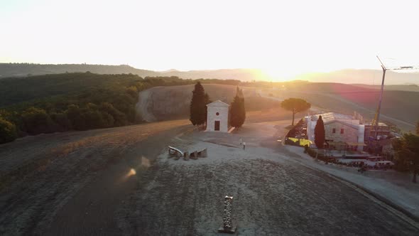 Chapel Vitaleta in Val d'Orcia Rolling Hills Aerial View in Tuscany