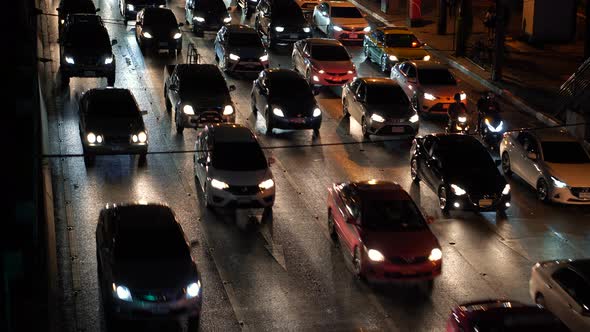 Cars in the traffic jam at night time in the city