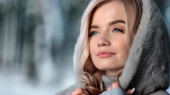 Closeup Face Adorable Woman Playing Gray Fur Coat Posing at Winter Park