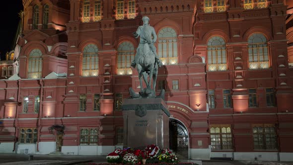 The Monument To Marshal Zhukov Near the Historical Museum at Night Timelapse Hyperlapse. Moscow