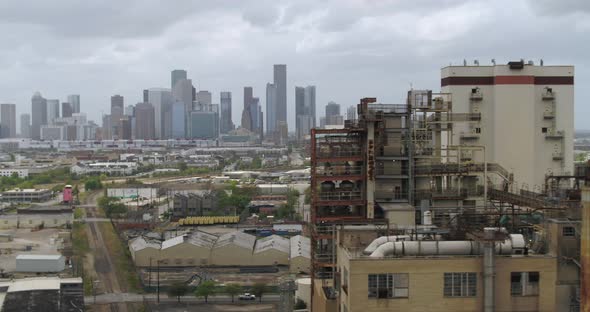 Panning aerial shot of city of Houston from Houston East End