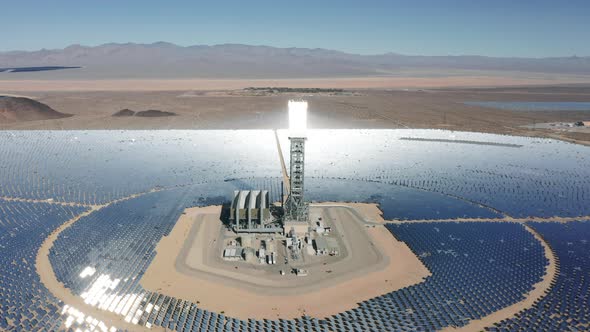 Aerial Panorama View Around Solar Towers Reflecting Sun Rays on Solar Panels