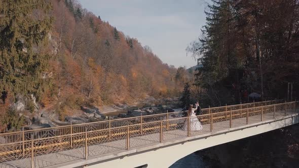 Newlyweds. Bride and Groom on a Bridge Over a Mountain River. Aerial View